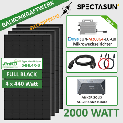 2000W Balkonkraftwerk mit Speicher Anker 1600Wh, 4 X JINKO FULL BLACK Solarpanels 440W PV Module, DEYE SUN-M200G4-EU-Q0 Mikrowechselrichter