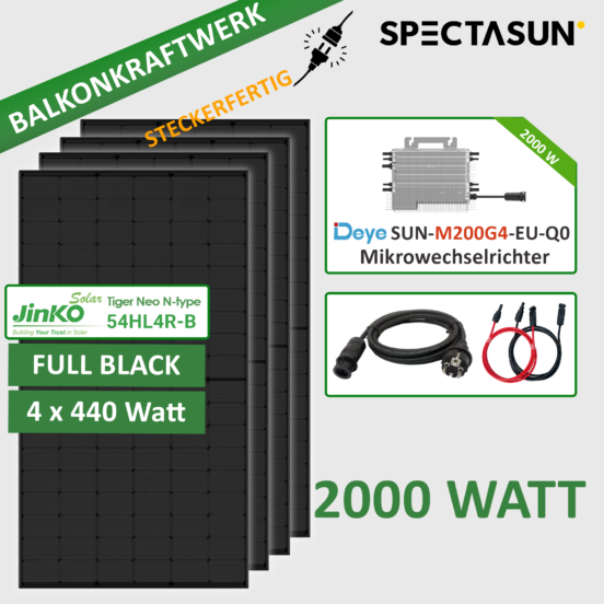 Balkonkraftwerk 2000W, Solarpanels 455W Jinko Tiger Neo Full black PV Module, DEYE SUN-M200G4-EU-Q0 Mikrowechselrichter