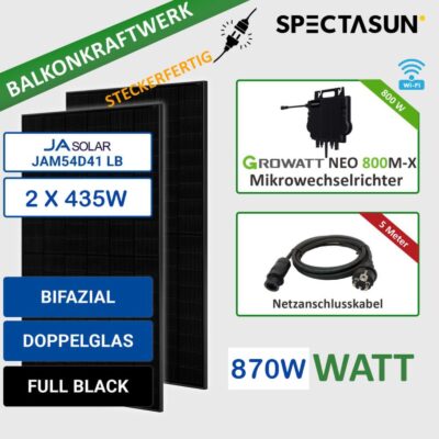 870W BALKONKRAFTWERK JA Solar 435w Bifazial Doppelglas Full Black Solarpanels, Growatt 800w Mikrowechselrichter