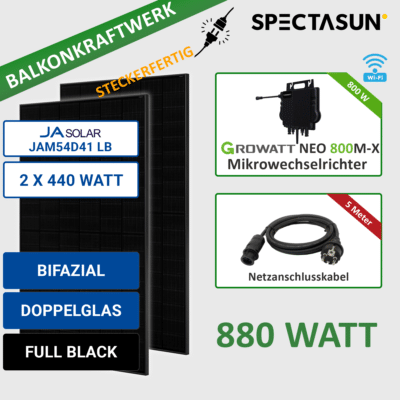 880W BALKONKRAFTWERK JA Solar 440w Bifazial Doppelglas Full Black Solarpanels, Growatt 800w Mikrowechselrichter